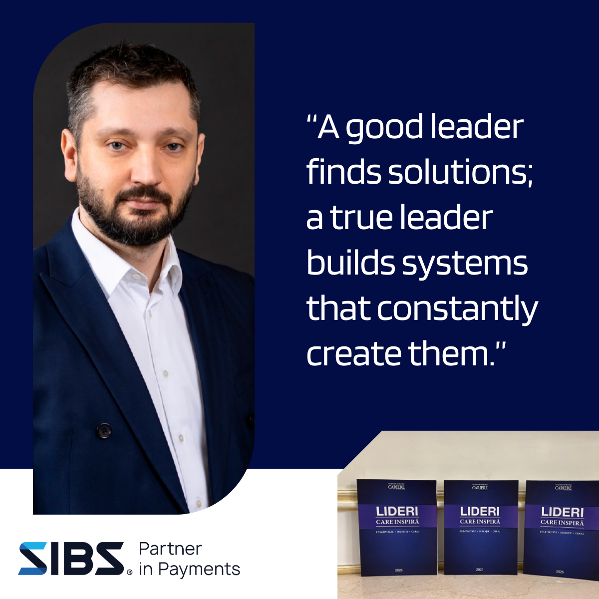 Imagine cu CEO SIBS Romania Augustin Dobre pe fundal albastru jos poza cu revista Cariere